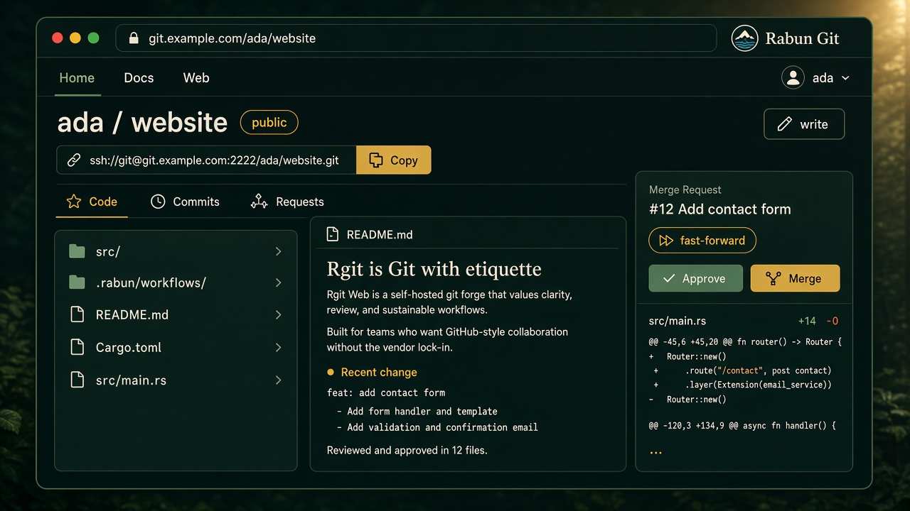 Rgit Web: ada/website with a file tree, README, clone URL, and a fast-forward merge request.